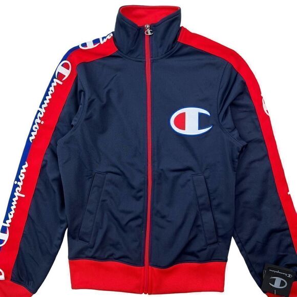 New Champion Men Navy Blue Full Zip Jacket Sport Athletic Red Cuffs Logo US XS - Picture 3 of 12